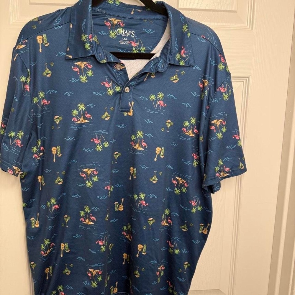 Chaps Golf Polo Men L Flamingo Palm Tree Guitar Blue Blue Vacation Golf Tropical